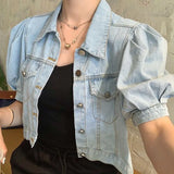 Gwmlk Denim Cropped Jacket Women Korean Wild Puff Short Sleeve Jeans Outerwear Female Vintage Blue Turn Down Collar Jackets