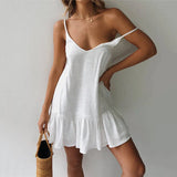 Gwmlk Boho Solid Cotton Linen Beach Dress Woman 2023 Summer Spaghetti Strap Dress Women Sexy V-neck Off Shoulder Mini Dresses