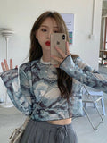 gwmlk Sleeve T-shirts Women Tie-dye Printed Summer Sun-proof Cropped Tops Fashion High Street Gauze Korean Style Chic Teens Retro