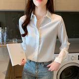 Gwmlk Spring Women's Shirts Satin Blouse for Women Long Sleeve Shirt Silk White Shirt OL Woman Solid Blouses Pullover Ladies Tops