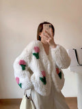 Gwmlk Winter Coats Autumn Korean Fashion Fake Rabbit Fur Knitted Embroidery Cardigan Loose Casual Jacket Women Clothing