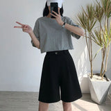 Gwmlk 2023 Summer Black Suit Shorts Woman Korean Style High Waist Wide Leg Shorts Women Casual Loose Knee Length Pants Female