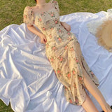 Gwmlk Elegant Chic Printing Long Dresses Women Korean Party Formal Occasion Midi Dress Woman Summer Square Collar Beach Dress