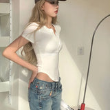 Gwmlk Y2K Buttons Up O Neck T Shirts for Women 2023 Sexy Slim Fit Irregular Crop Top Woman Ribbed Thin Short Sleeve T-Shirt