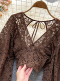 gwmlk Black/White/Brown Sexy Lace Blouse Women Elegant V-Neck Puff Long Sleeve Open Back Short Tops Female Party Blusas 2023