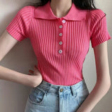 Gwmlk Turndown Collar Women Sweater T-Shirts Summer Ribbed Thin Knitted Tees Tops Woman Korean Button Up Cropped Pullover