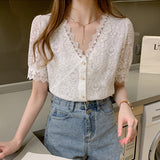 Gwmlk Women Tops and Blouse Korean V-neck New Lace Shirts Stitching Women Short-sleeved Lace Hollow Out Top Female Blusa 13985