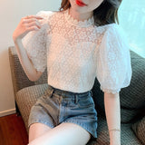 Gwmlk Blouse Women Sweet Stand Collar Elegant Korean Shirt Summer Puff Short Sleeve Tops Flower Crochet Ladies Blusas Mujer 27168