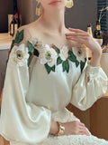 Gwmlk Embroidered Flower Blouse Woman Mesh Patchwork Spring Satin Shirt Lady O-neck Tops Long Sleeve Women's Clothes 24976