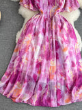 gwmlk Women Pink Tie Dye Printed Dress Elegant Ruffle Stand Collar Short Sleeve High Waist A-Line Big Swing Party Vestidos New