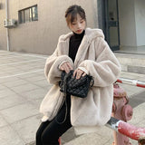 Gwmlk Winter Women Faux Rabbit Fur Hooded Coat Casual Solid Color Warm Faux Fur Jacket Woman Fashion Zip Thick Furry Overcoat