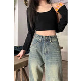 Gwmlk 90S Baggy Straight Denim Trousers Female Y2K High Waist Loose Wide Leg Jeans Women Streetwear All-Match Casual Pants New