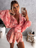 gwmlk Deep V Neck Jumpsuit For Women Summer Casual Boho Beach Vacation Outfit Female Fashion Print Lantern Sleeve Rompers Shorts