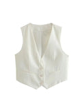 Gwmlk TRAF Women V Neck Single Breasted Short Vest Office Lady Sleeveless Chic White Suit Business Slim Waistcoat Tops