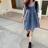 Gwmlk Girly Style Retro Square Collar Puff Sleeve Denim Skirt All-Matching Youthful-Looking Dress Women's Summer Denim Skirt