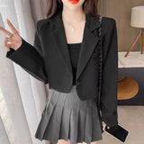 Gwmlk Korean Cropped Blazers Women Solid Color Simple Single-button Outwear Teens All-match Long Sleeve Office Suit Jacket