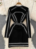 gwmlk Women Black Beading Zipper Bodycon Dress Elegant Stand Collar Long Sleeve High Waist Sheath Mini Vestidos Female New 2023