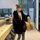 Gwmlk Winter Women Faux Rabbit Fur Hooded Coat Casual Solid Color Warm Faux Fur Jacket Woman Fashion Zip Thick Furry Overcoat