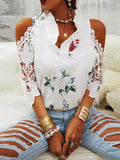 Gwmlk Hollow Out Printed Women Blouses Summer Female Strapless Blouse Casual Tops V-Neck Elegant Short Sleeve Lace Shirts 19361