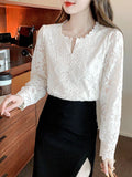 Gwmlk Sleeve Sweet Lace Blouse O Neck Women Femme Blusas White Button Loose Top Hollow Out Flower Lace Patchwork Shirt 19234