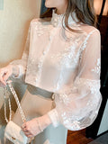 Gwmlk Sweet Lace Mesh Shirts Spring Blouse Stand Collar White Lantern Sleeve Tops Flowers Embroidery Women's Clothing 23277