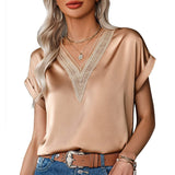 Gwmlk Lace Satin Blouse Loose Short Sleeve Women Tops Fashion 2023 Elegant Summer Casual Shirts Lady Simple Hollow Blusas 25843