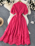 gwmlk Rose Red/White Lace Hollow Out Party Long Dress Elegant Bow Collar Puff Short Sleeve High Waist A-Line Maxi Vestidos New