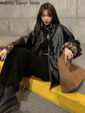 Gwmlk Warm Leather Jacket Women Thick Leopard Print Faux Lamb Fur Coat Harajuku Snow Loose Lining Reversible Wear Coat Female