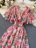 gwmlk Women Floral Printed Long Dress Sexy V-Neck Short Sleeve High Waist Ruffle Beach Vacation Vestidos Female Maxi Robe New