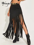 Gwmlk Gothic Dark Tassel Irregular Skirt Female Punk High Waist Sexy Maxi Skirts for Womens Fairy Grunge