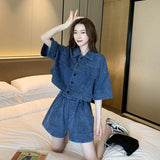 Gwmlk Women Denim Sets Summer 2023 New 2 Piece Set Solid Short Sleeve Coat + Shorts Jeans Sets Office Lady Elegant Female Denim Suits