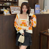 Gwmlk Women's Cropped Sweater Cardigan Sweet Floral Print Tank Tops and Cardigan 2 Pces Set Female Autumn Winter Knitted Sweaters 2023