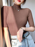 gwmlk Cotton T Shirt Women Turtleneck Slim Tshirt Short Sleeve T-shirts Female Casual Elasticity White Tee Shirt Femme Woman Top