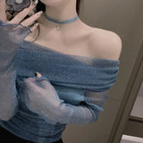 Gwmlk Sexy Blue Mesh Bling Bling Blouse Women Elegant Slim Fit Slash Neck Shirts Female Korean Fashion Folds Long Sleeve Tops