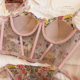 Gwmlk Sexy Lingerie Fairy Floral Embroidery Padded Underwear Lace Set Woman 2 Pieces Erotic Luxury Fancy Outfits Intimate