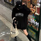 Gwmlk Harajuku Streetwear Sweatshirt for Women Black White Oversized Letter Print Hoodies Woman Loose O-Neck Hoody Clothes