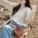 Gwmlk Spring Autumn Women's Sweater Korean Style Loose Hollow Out Knitted Jumpers Ladies All-Match V-Neck Casual Pullover Top