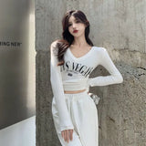 Gwmlk Harajuku Letter Printing Crop Tops Women Korean V-Neck Long Sleeve White T Shirts Woman Sexy Slim Fit Y2K Short Tees