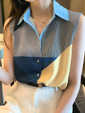 Gwmlk Women Shirt V neck Patchwork Blouse Sleeveless Chiffon Women Tops and Shirts Fashion Clothes Woman 2023 Summer Ladies Tops