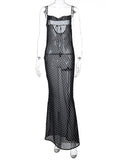 gwmlk Zip Up Bandage Point Print Mesh See-Through Maxi Dress Sexy Autumn Winter Women Party Club Clothings