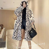 Gwmlk Leopard Fur Winter Long Coat Women Thick Warm Faux Rabbit Fur Outerwear Female Streetwear Loose Fuzzy Hooded Overcoat