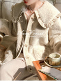 Gwmlk Cute Lace Ruffled Collar Doll Plush Coat Wool Jacket Autumn Winter Lamb wool coat