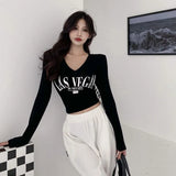 Gwmlk Harajuku Letter Printing Crop Tops Women Korean V-Neck Long Sleeve White T Shirts Woman Sexy Slim Fit Y2K Short Tees