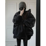 Gwmlk Black Faux Rabbit Fur Jacket Women Winter Long Sleeve Stand Collar Warm Plush Coat Casual Loose Thicken Student Outwear