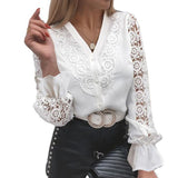 Gwmlk Sexy Lace Patchwork Hollow Out Shirt Fashion White Vintage Long Sleeve Tops Button Mesh Crochet Lace Blouse Women 13267