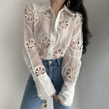 Gwmlk Lace White Blouse Women Hollow Out Flower Embroidery Shirt Sexy See Through Turn Down Collar Long Sleeve Top Blusa 13369