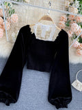 gwmlk Halter Lace Patchwork Short Blouse For Women Casual Puff Sleeve Velvet Shirt Female Black Tops New Fashion Autumn Winter