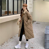 Gwmlk Collar Oversize Rhombus Pattern Long Parkas Pocket Female Warm Long Cotton Overcoat Single Breasted