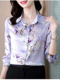 Gwmlk Women's Shirt Long Sleeve Blouse Fashion 2023 Spring New Womens Tops Basic Floral Shirts for Women OL Satin Female Clothing