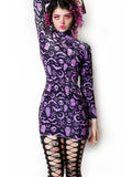 Gwmlk Goth Aesthetic Elegant High Necked Long Sleeved Bat Skull Print Dress Sexy Slim Mini Dress Fairy Grunge Halloween